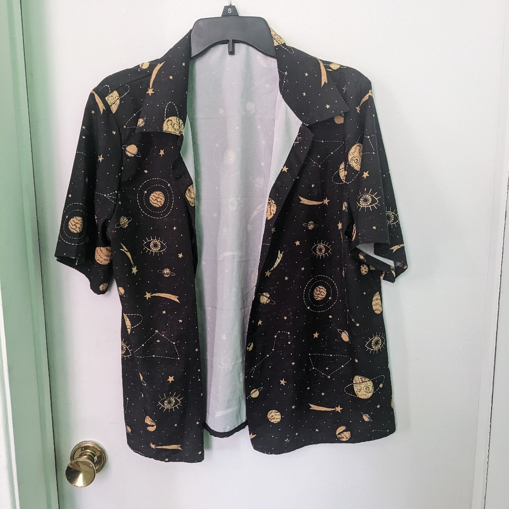 Sheer Outer Space Patterned Short Sleeve Button Down Shirt